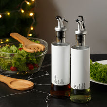 Load image into Gallery viewer, 2 Piece Oil and Vinegar Dispenser Set with Drip-Free Pourers and White Shells
