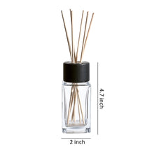 Load image into Gallery viewer, 4.7” Tall Clear Square Glass Bottle Diffusers For Essential Oils with 24 pcs Black Reed Diffuser Sticks and  Black Wooden Caps, Set of 4 ( 3.4 oz ).
