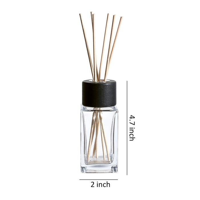 4.7” Tall Clear Square Glass Bottle Diffusers For Essential Oils with 24 pcs Black Reed Diffuser Sticks and  Black Wooden Caps, Set of 4 ( 3.4 oz ).