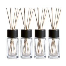 Load image into Gallery viewer, 4.7” Tall Clear Square Glass Bottle Diffusers For Essential Oils with 24 pcs Black Reed Diffuser Sticks and  Black Wooden Caps, Set of 4 ( 3.4 oz ).
