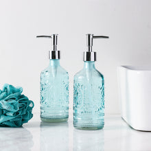 Load image into Gallery viewer, 12 oz Blue Embossed Glass Lotion and Soap Dispenser Pump Set of 2
