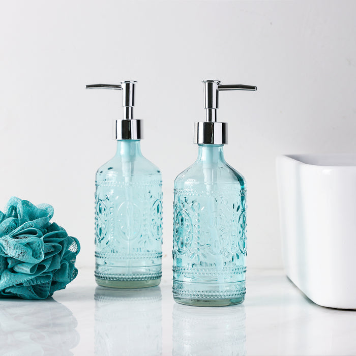 12 oz Blue Embossed Glass Lotion and Soap Dispenser Pump Set of 2