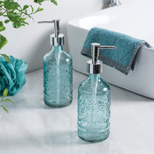 Load image into Gallery viewer, 12 oz Blue Embossed Glass Lotion and Soap Dispenser Pump Set of 2
