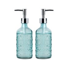 Load image into Gallery viewer, 12 oz Blue Embossed Glass Lotion and Soap Dispenser Pump Set of 2
