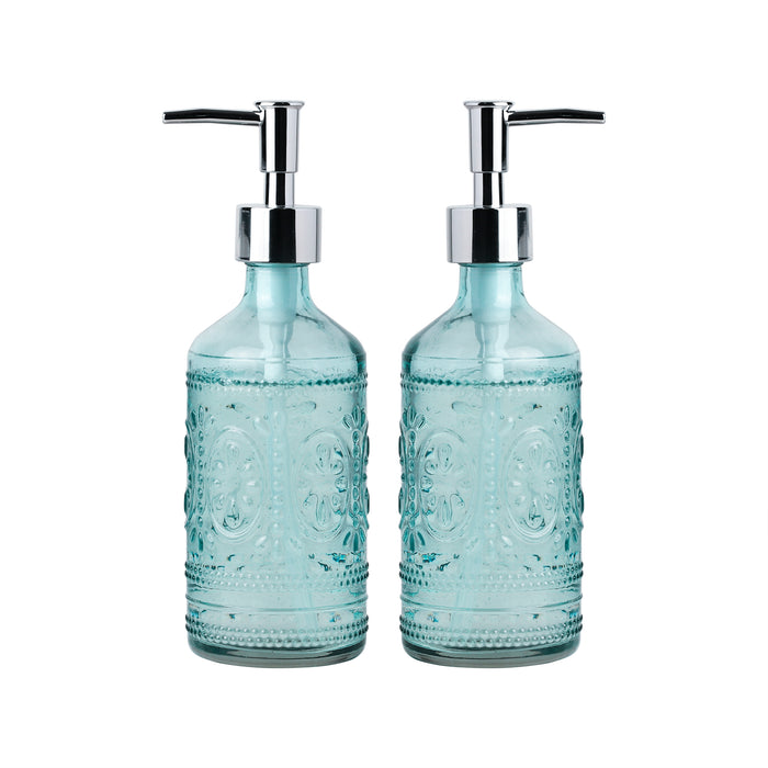 12 oz Blue Embossed Glass Lotion and Soap Dispenser Pump Set of 2