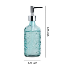 Load image into Gallery viewer, 12 oz Blue Embossed Glass Lotion and Soap Dispenser Pump Set of 2
