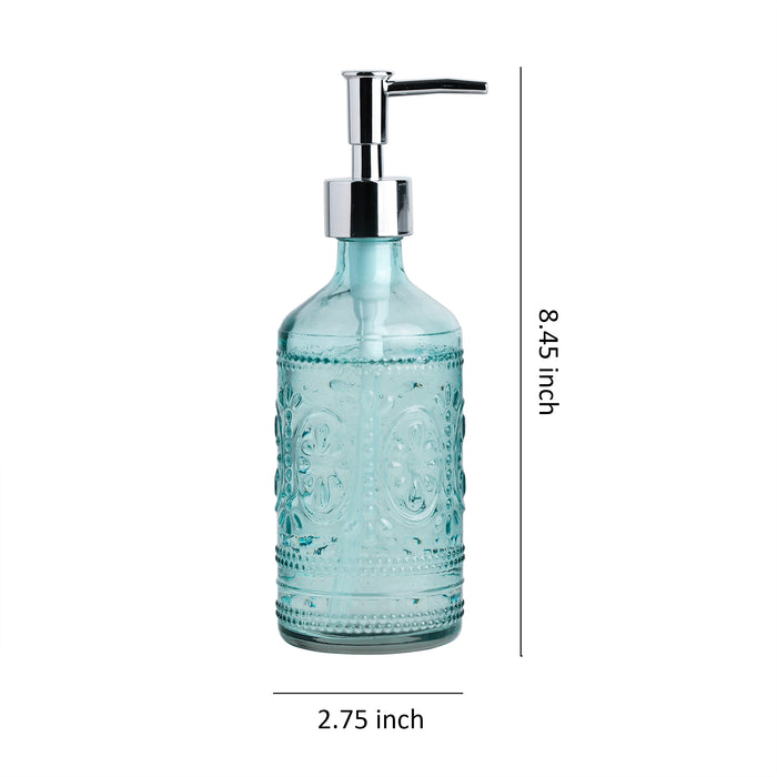 12 oz Blue Embossed Glass Lotion and Soap Dispenser Pump Set of 2