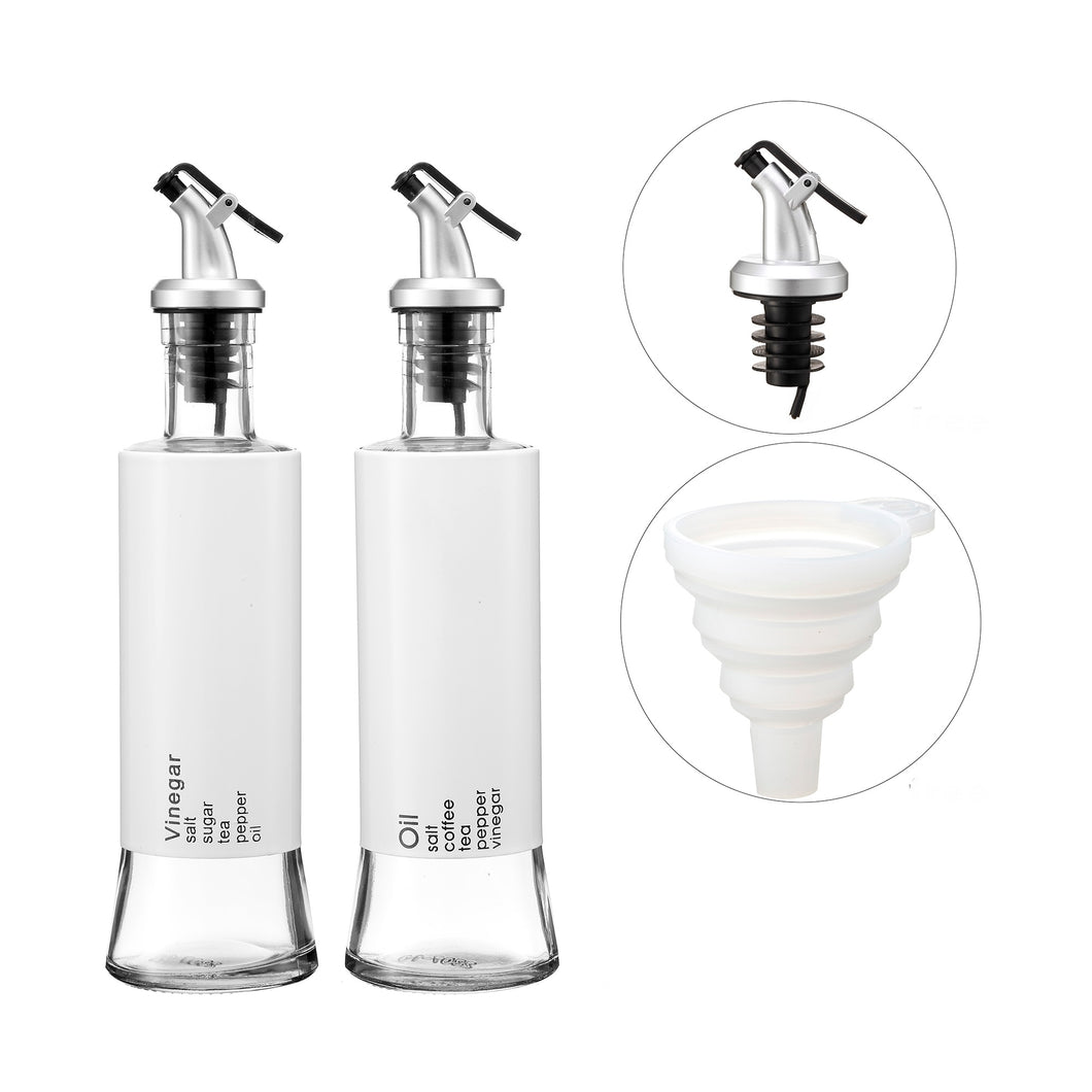 2 Piece Oil and Vinegar Dispenser Set with Drip-Free Pourers and White Shells