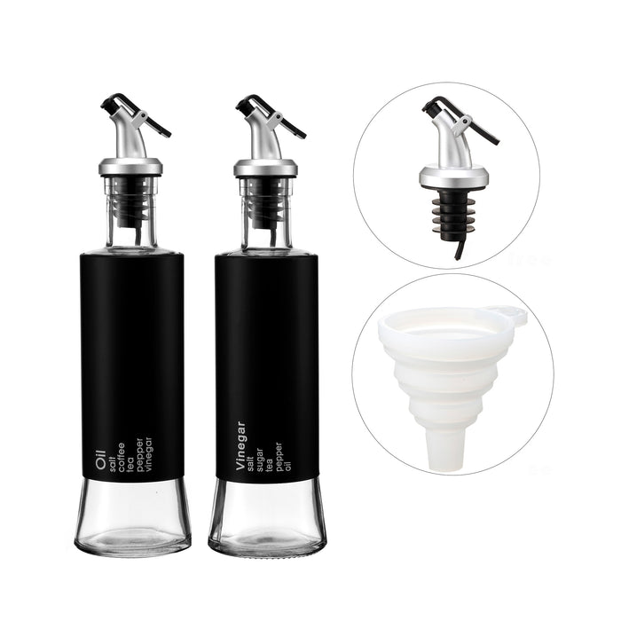 2 Piece Oil and Vinegar Dispenser Set with Drip-Free Pourers and Black Shells